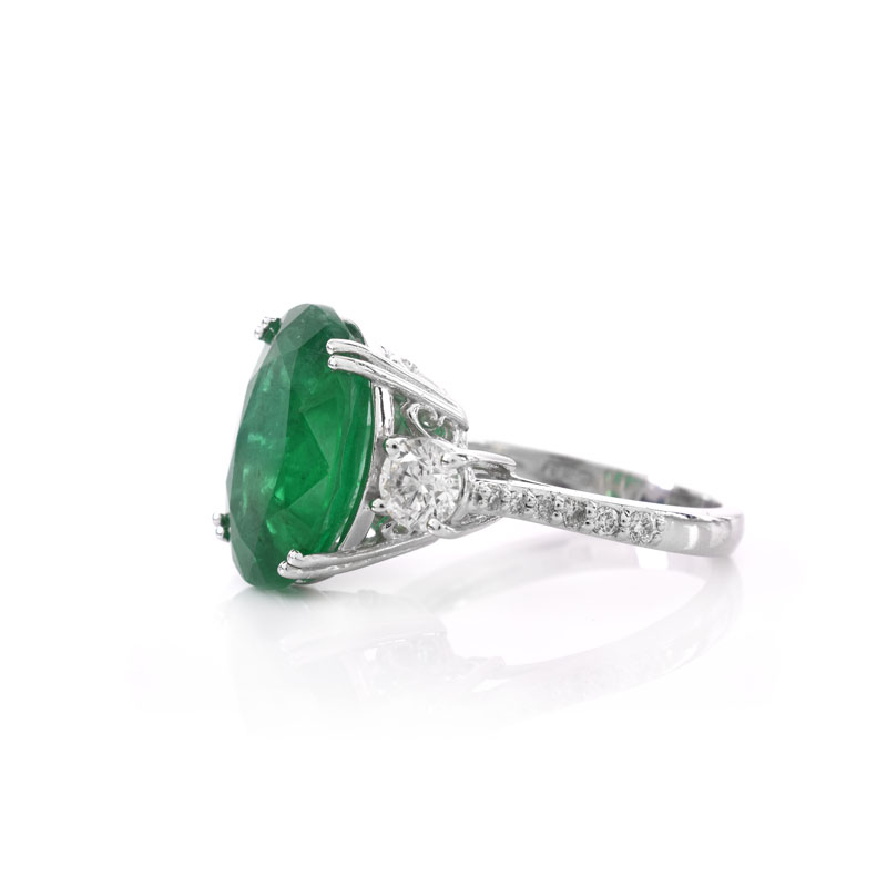 AGL Certified 7.34 Carat Oval Cut Brazilian Emerald, .80 Carat Diamond and 14 Karat White Gold Ring