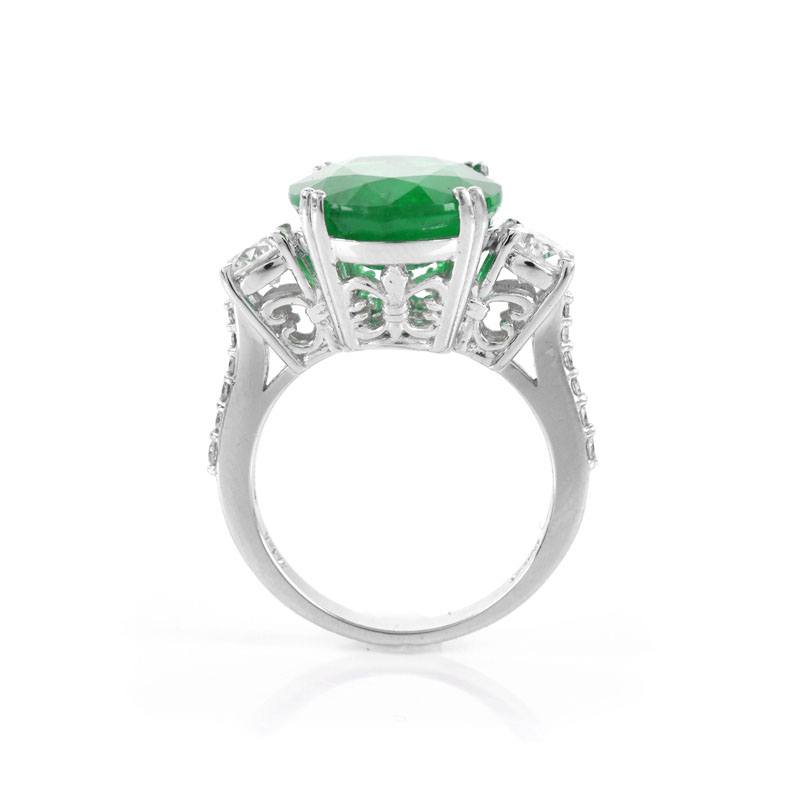 AGL Certified 7.34 Carat Oval Cut Brazilian Emerald, .80 Carat Diamond and 14 Karat White Gold Ring