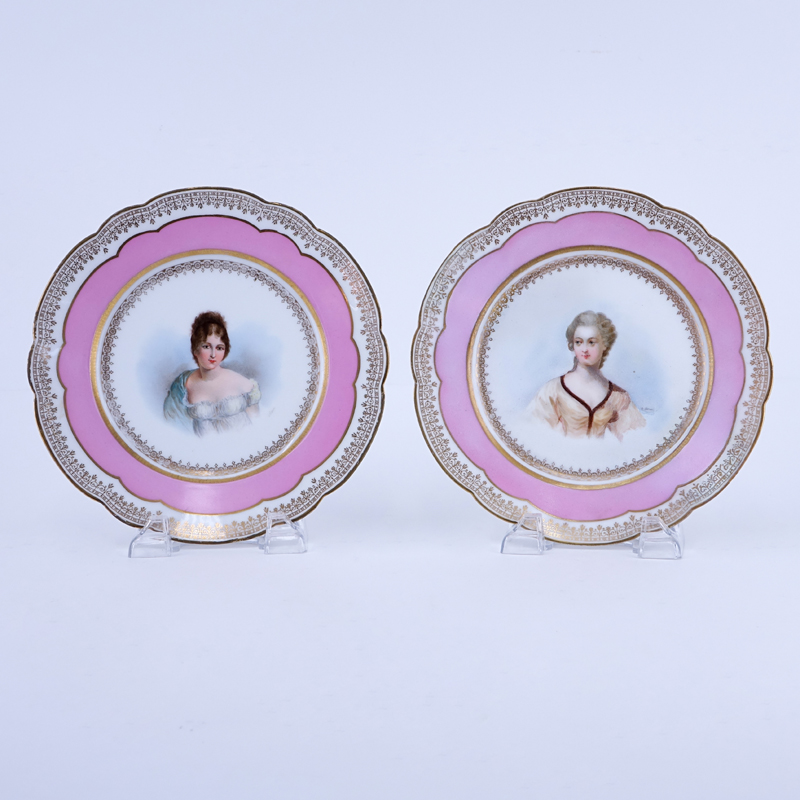 Pair of 19/20th Century Sevres Porcelain Chateau de Tuileries Rose Pompadour and Gilt Hand painted Cabinet Plates