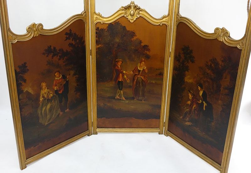 19/20th Century Probably French Carved and Giltwood Folding Screen with Painted Panels and Beveled Glass