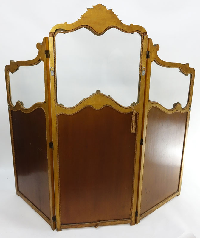 19/20th Century Probably French Carved and Giltwood Folding Screen with Painted Panels and Beveled Glass
