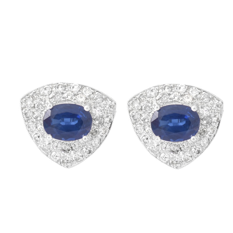 Approx. 3.25 Carat Oval Cut Sapphire, 1.15 carat Pave Set Round Brilliant Cut Diamond and 18 Karat White Gold Earrings