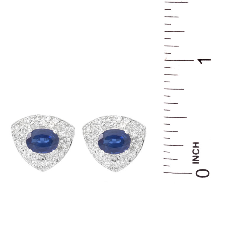 Approx. 3.25 Carat Oval Cut Sapphire, 1.15 carat Pave Set Round Brilliant Cut Diamond and 18 Karat White Gold Earrings