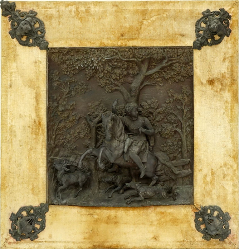19/20th Century Bronze High Relief Plaque of a Figural Hunting Scene in Upholstered Frame