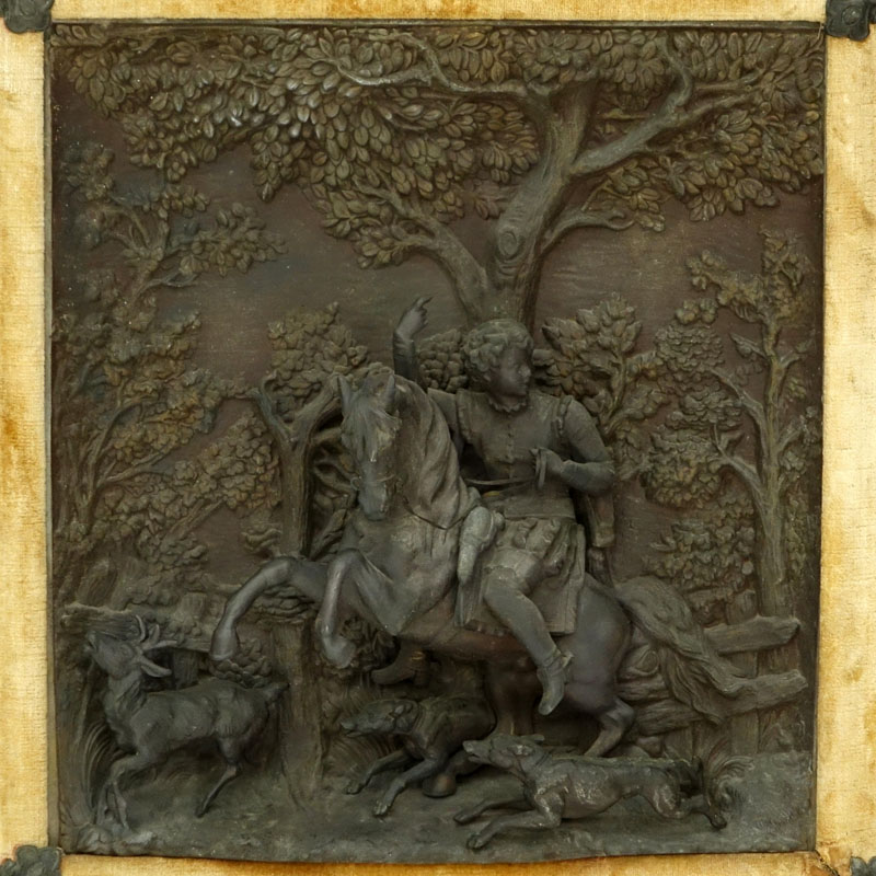 19/20th Century Bronze High Relief Plaque of a Figural Hunting Scene in Upholstered Frame