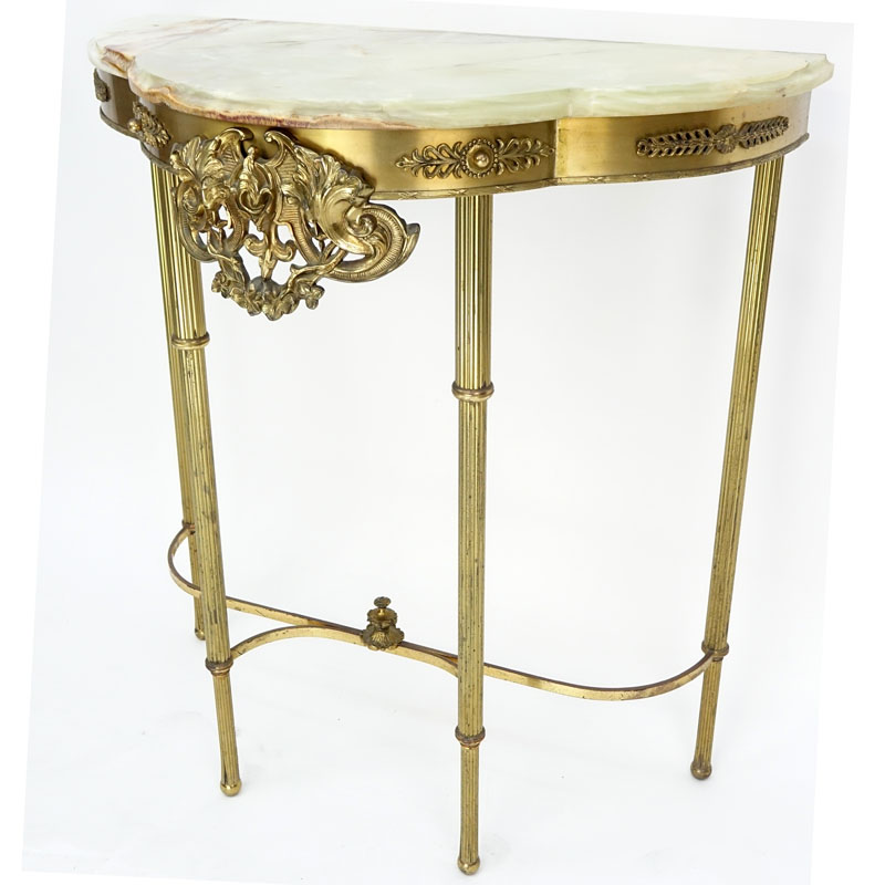 Neoclassical Style Gilt Metal Half Moon Console Table with Onyx Top