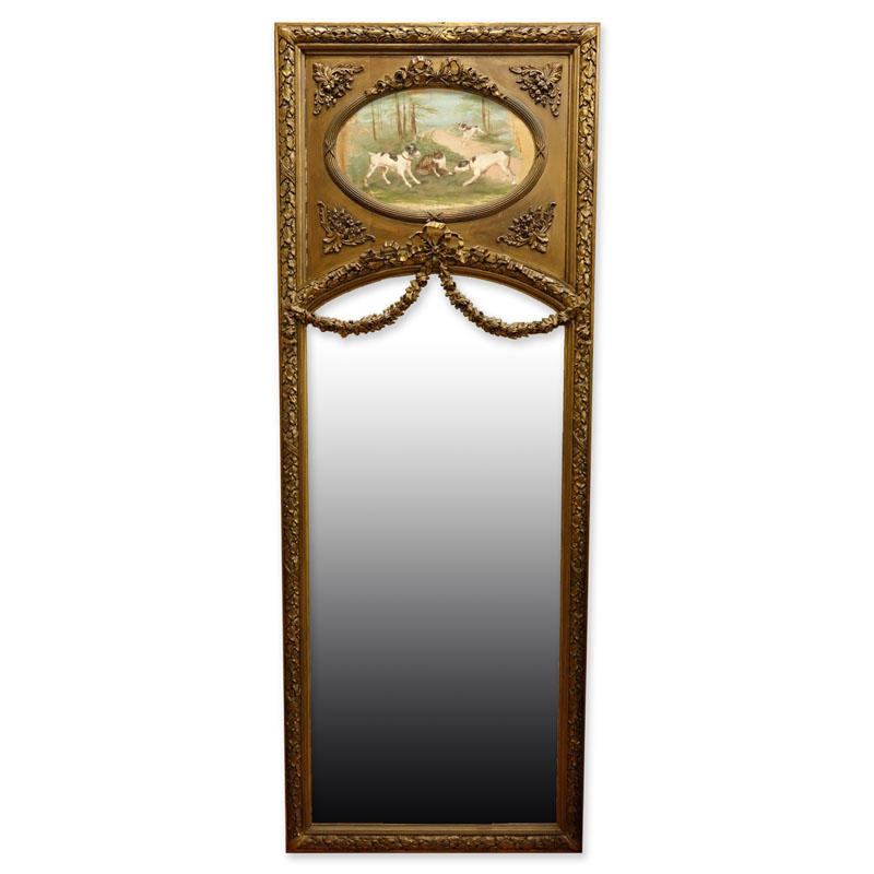 Large Louis XVI Style Gilt Carved Trumeau Mirror with Oil on Canvas Depicting Animals