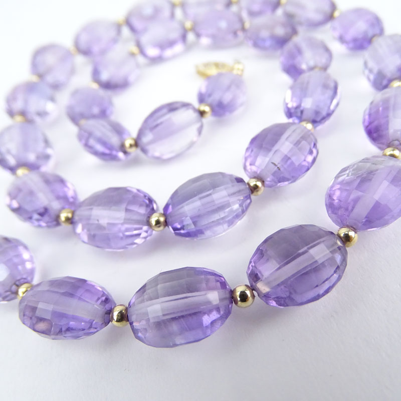Approx. 162.0 Carat Oval Briolette Cut Graduated Amethyst Bead and 14 Karat Yellow Gold Necklace