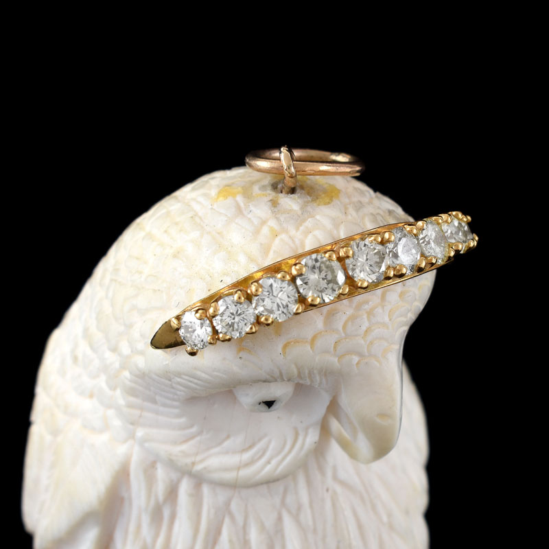 Vintage Approx. .75 Carat Round Brilliant Cut Diamond and 14 Karat Yellow Gold Mounted Carved Ivory Owl Pendant