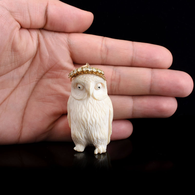 Vintage Approx. .75 Carat Round Brilliant Cut Diamond and 14 Karat Yellow Gold Mounted Carved Ivory Owl Pendant