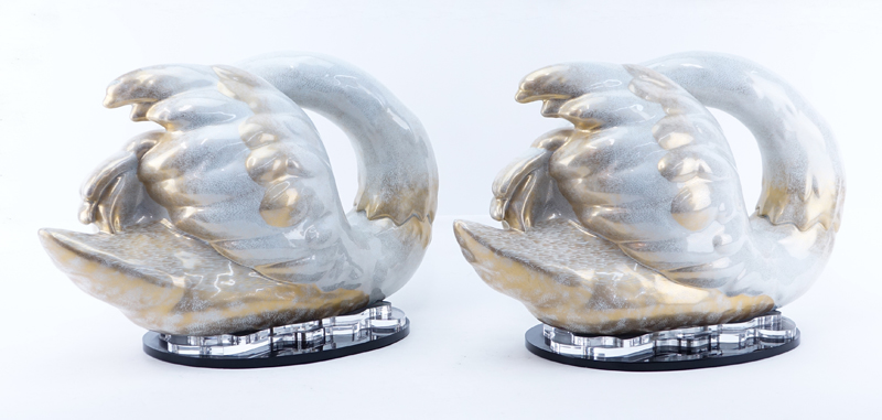 Pair of Mangani for Oggetti, Italian Gilt Porcelain Swan Figurines on Lucite Bases