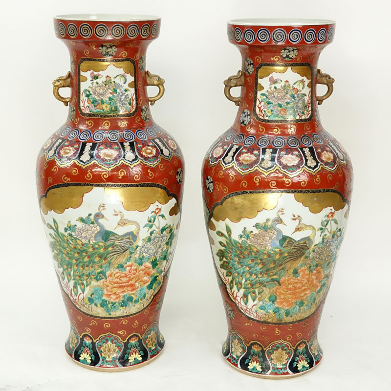 Pair of Palace Size 20th Century Chinese Enamel Painted Porcelain Urns