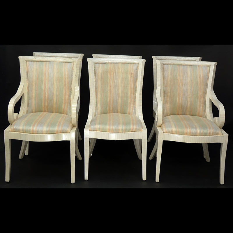 Set of Six (6) Mid Century Modern Tassellated Bone and Upholstered Dining Chairs Attributed to Karl Springer