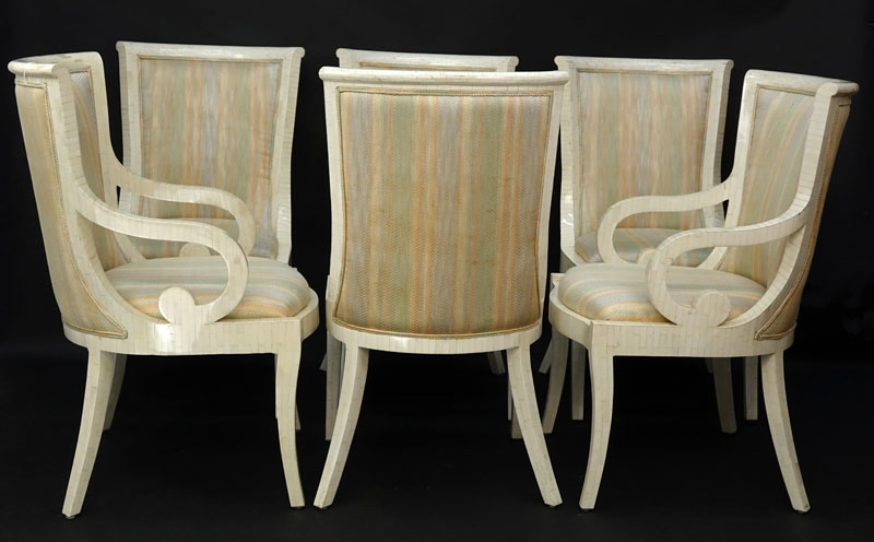 Set of Six (6) Mid Century Modern Tassellated Bone and Upholstered Dining Chairs Attributed to Karl Springer