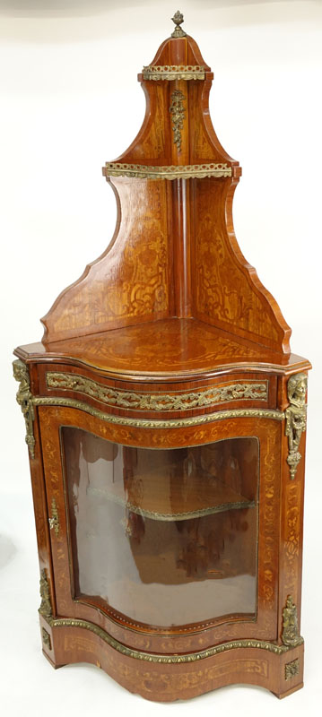 20th Century Louis XVI Style Mahogany Floral Inlaid, Bronze Mounted Corner Cabinet