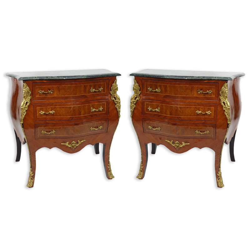 Pair of 20th Century Louis XVI Style Marquetry Inlaid and Gilt Bronze Mounted, Green Marble Top Night Stands/ Chest of Drawers