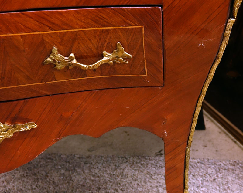 Pair of 20th Century Louis XVI Style Marquetry Inlaid and Gilt Bronze Mounted, Green Marble Top Night Stands/ Chest of Drawers