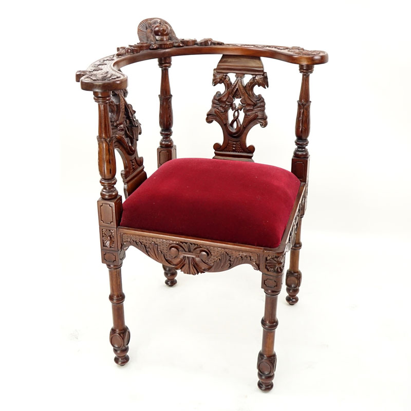 Vintage Carved Mahogany and Upholstered Corner Chair