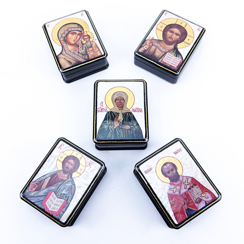 Collection of Five (5) Russian Mother Of Pearl and Lacquer Paper Mache Boxes