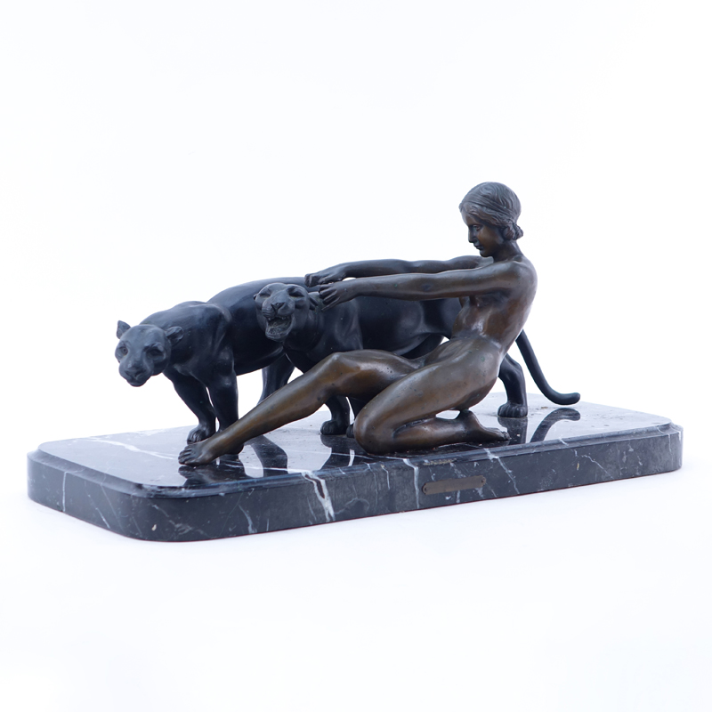 L. Bassin, French (20th Century) Art Deco Bronze Sculpture of a Female with Panthers on Marble Base