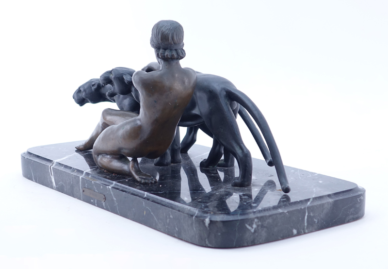 L. Bassin, French (20th Century) Art Deco Bronze Sculpture of a Female with Panthers on Marble Base