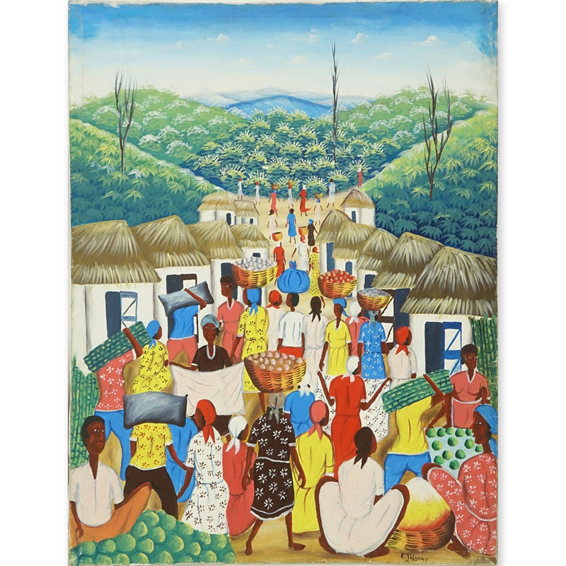 20th Century Haitian Oil on Canvas "Village Scene" Signed E. Thonny Lower Right