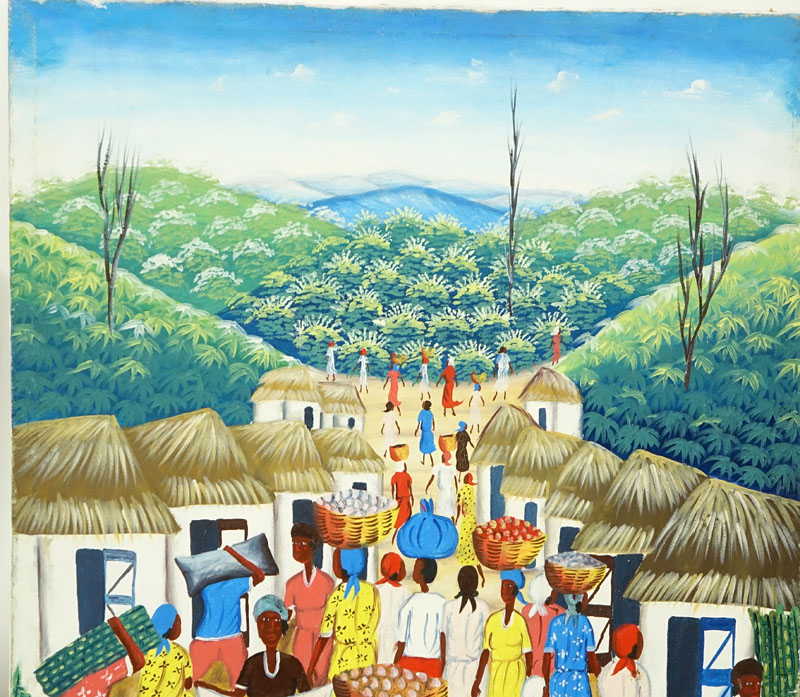 20th Century Haitian Oil on Canvas "Village Scene" Signed E. Thonny Lower Right