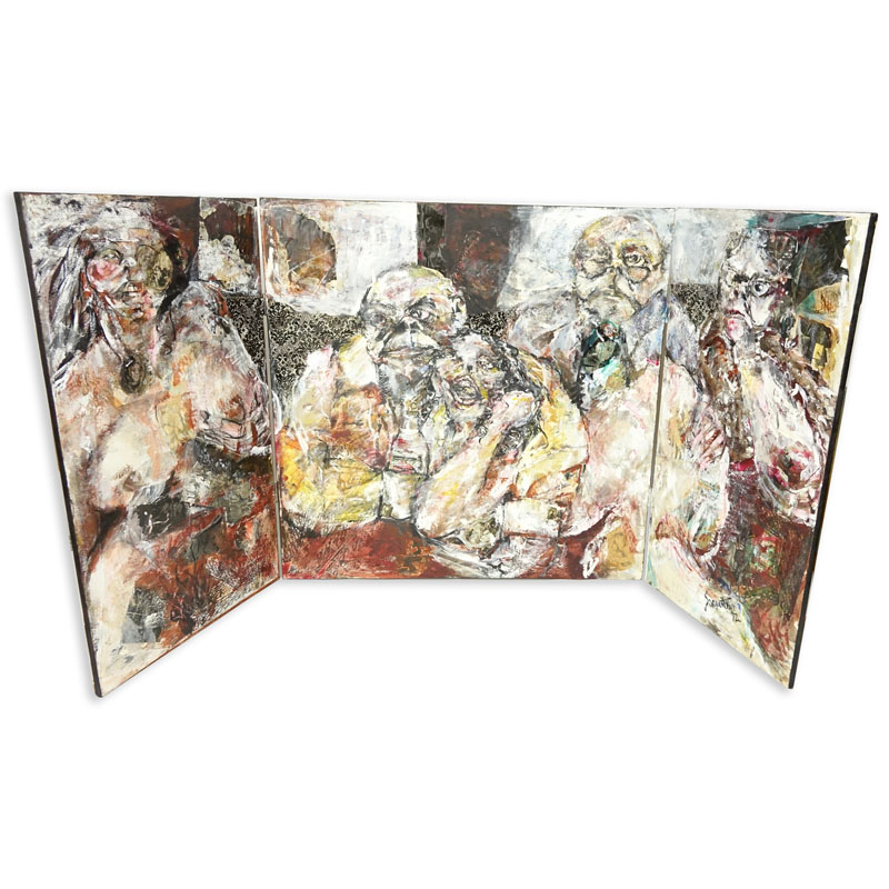 Large Tryptic Mixed Media on Canvas, Interior Scene with Males and Females, Signed Sorrentino and dated 1972 Lower Right