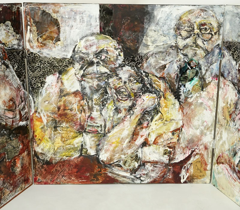 Large Tryptic Mixed Media on Canvas, Interior Scene with Males and Females, Signed Sorrentino and dated 1972 Lower Right