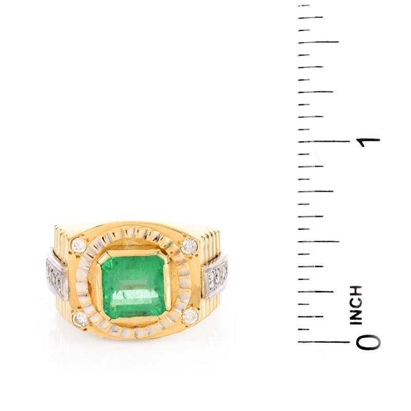 Man's Vintage Approx. 3.50 Carat Emerald, Diamond and 18 Karat Yellow Gold Ring