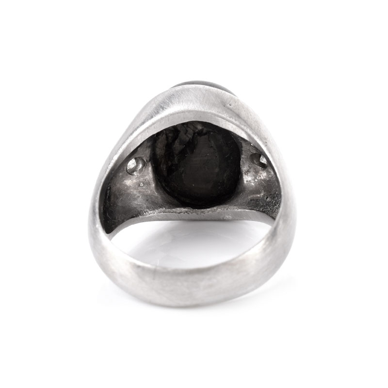 Man's Vintage Approx. 12.0 Carat Black Star Sapphire, .30 Carat Diamond and 14 Karat White Gold Ring