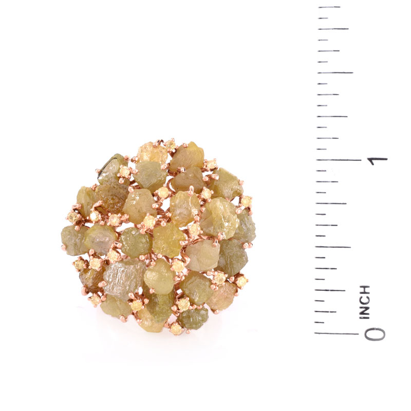 13.73 Carat Rough Yellow Diamond, Round Brilliant Cut Yellow and White Diamond and 18 Karat Rose Gold Ring