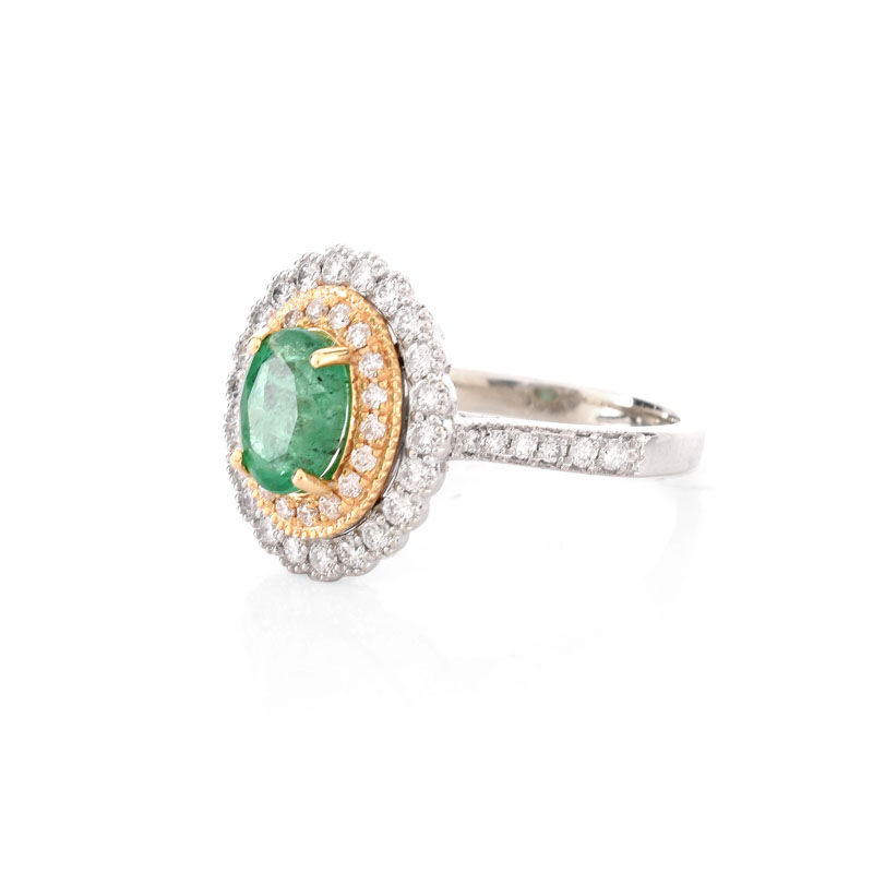 Oval Cut Emerald, Round Brilliant Cut Yellow and White Diamond and 14 Karat White Gold Ring