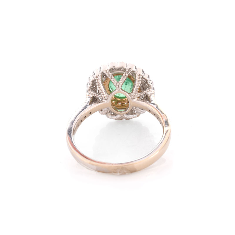 Oval Cut Emerald, Round Brilliant Cut Yellow and White Diamond and 14 Karat White Gold Ring