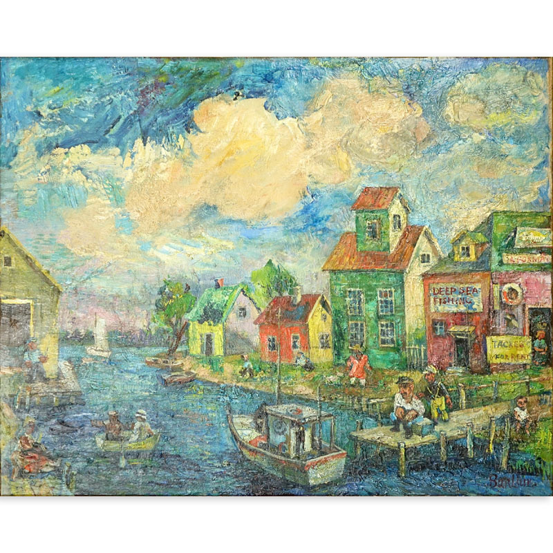 Attributed to: David Burliuk, Russian/American (1882 - 1967) Oil on Canvas "Harbor Scene with Figures"