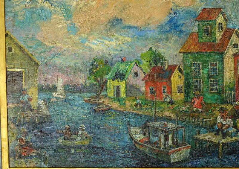 Attributed to: David Burliuk, Russian/American (1882 - 1967) Oil on Canvas "Harbor Scene with Figures"