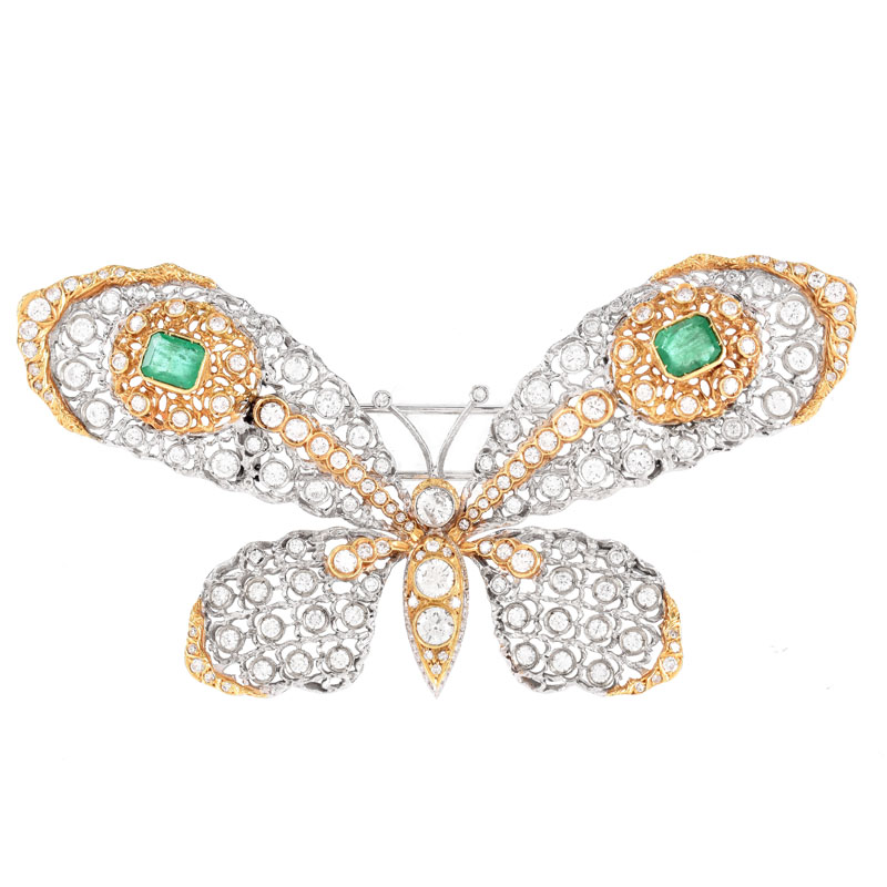Large Antique Diamond, Emerald and 18 Karat White and Yellow Gold Butterfly Brooch