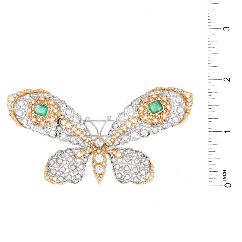 Large Antique Diamond, Emerald and 18 Karat White and Yellow Gold Butterfly Brooch