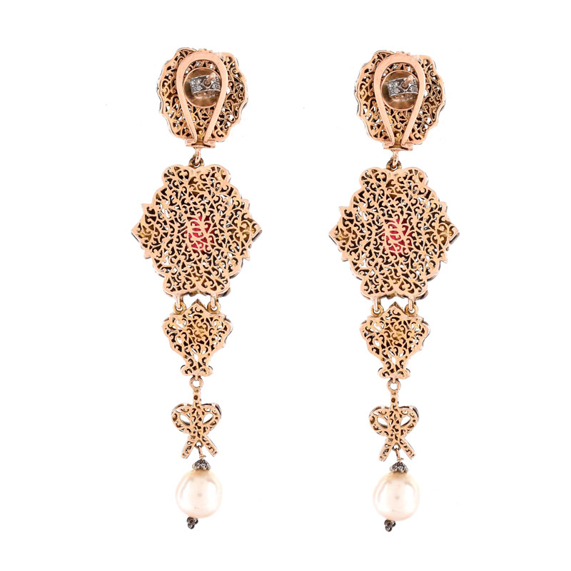 Large Vintage Table Cut Diamond, Cabochon Ruby, Pearl and Silver Topped 10 Karat Yellow Gold Chandelier Earrings