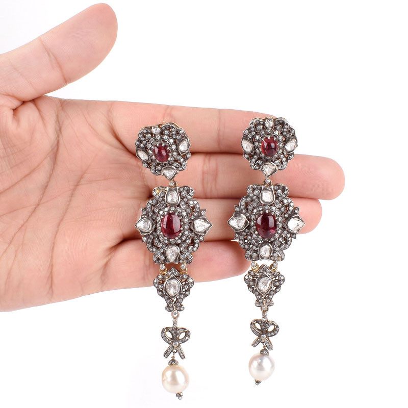Large Vintage Table Cut Diamond, Cabochon Ruby, Pearl and Silver Topped 10 Karat Yellow Gold Chandelier Earrings