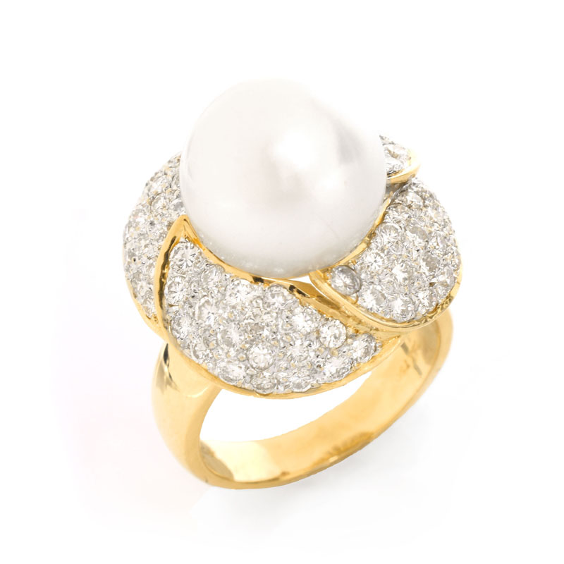 Approx. 2.0 Carat Pave Set Round Brilliant Cut Diamond, 12.5mm South Sea Pearl and 18 Karat Yellow Gold Ring