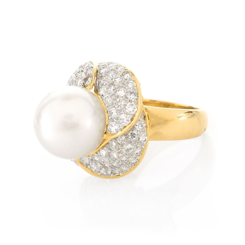 Approx. 2.0 Carat Pave Set Round Brilliant Cut Diamond, 12.5mm South Sea Pearl and 18 Karat Yellow Gold Ring