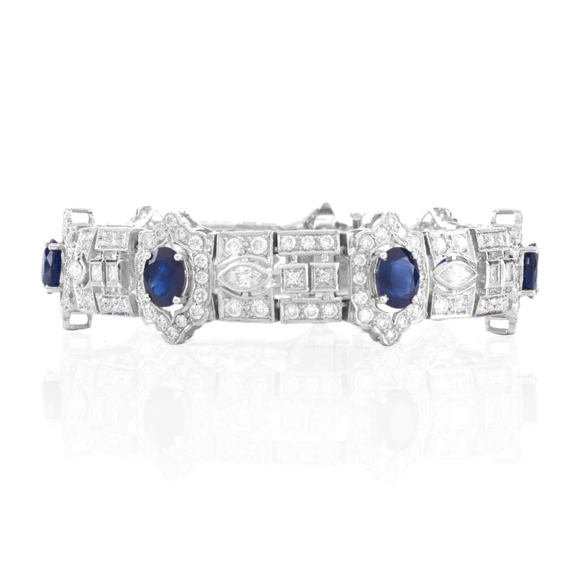 Art Deco style Approx. 11.0 Carat Oval Cut Sapphire,  8.50 Carat Marquise, Round Brilliant and Square Cut Diamond and 18 Karat White Gold Bracelet