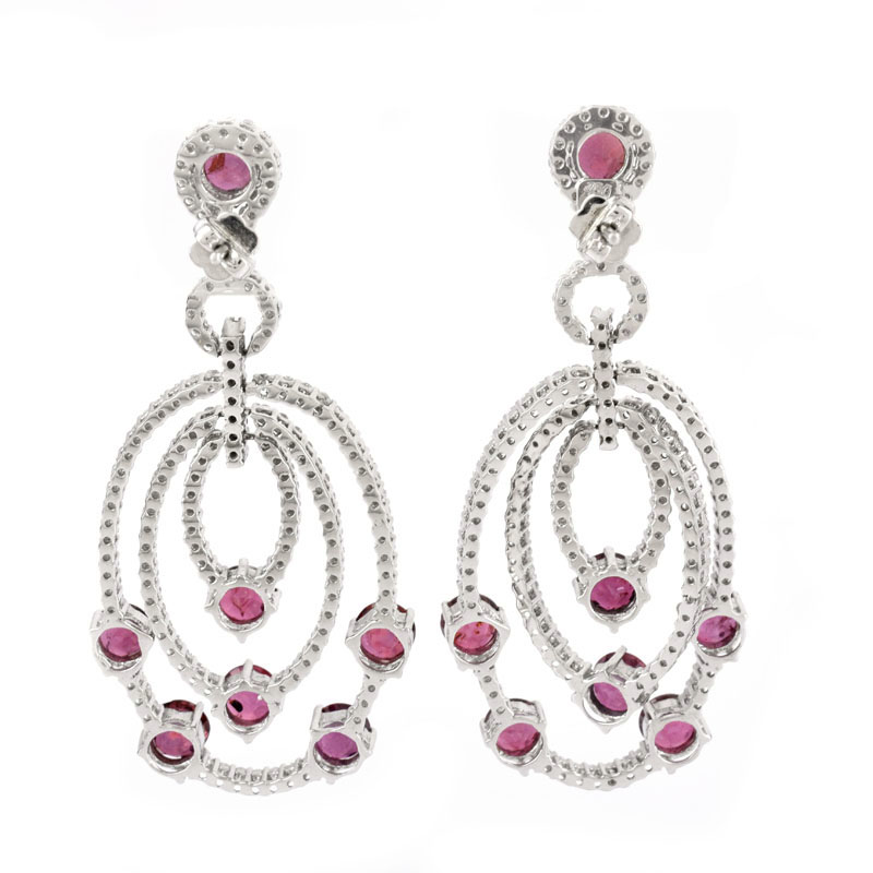 Approx. 9.90 Carat Round Brilliant Cut Ruby, 3.25 Carat Round Brilliant Cut Diamond and 18 Karat White Gold Chandelier Earrings