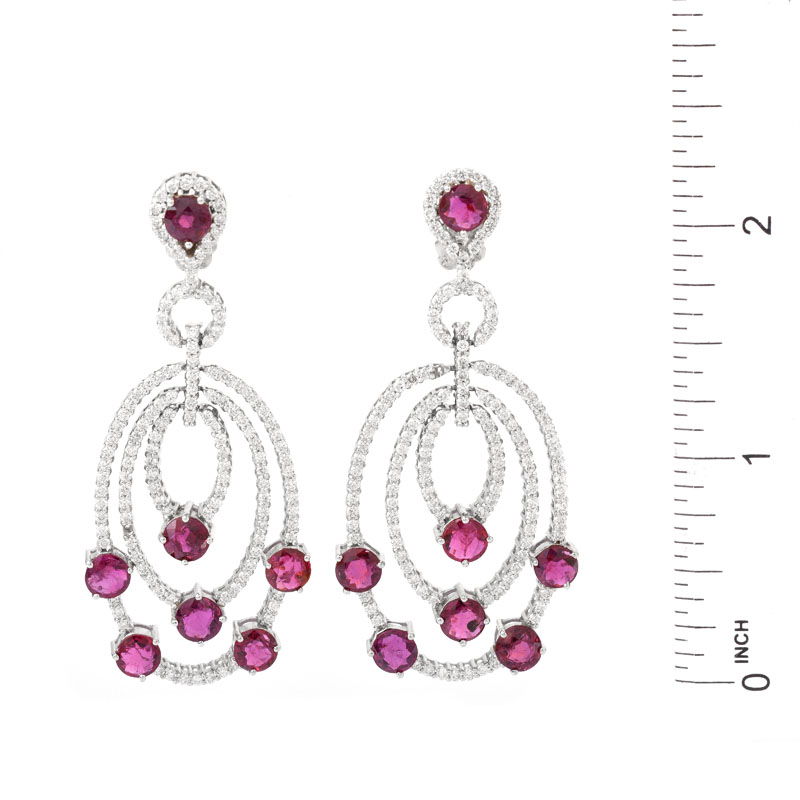 Approx. 9.90 Carat Round Brilliant Cut Ruby, 3.25 Carat Round Brilliant Cut Diamond and 18 Karat White Gold Chandelier Earrings