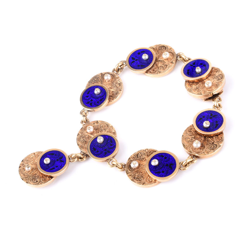 Antique Russian Faberge 56 Gold (14K), Guilloche Enamel and Seed Pearl Bracelet with Locket