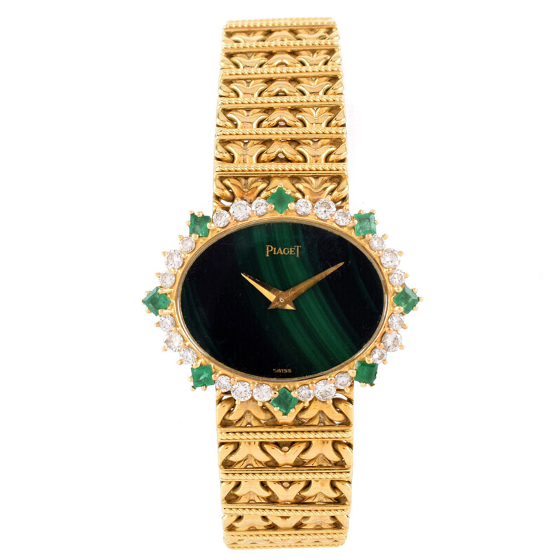 Lady's Vintage Piaget 18 Karat Yellow Gold, Diamond and Emerald Bracelet Watch