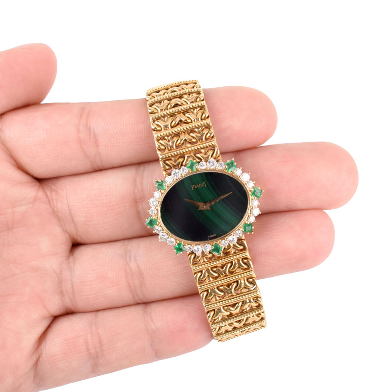 Lady's Vintage Piaget 18 Karat Yellow Gold, Diamond and Emerald Bracelet Watch