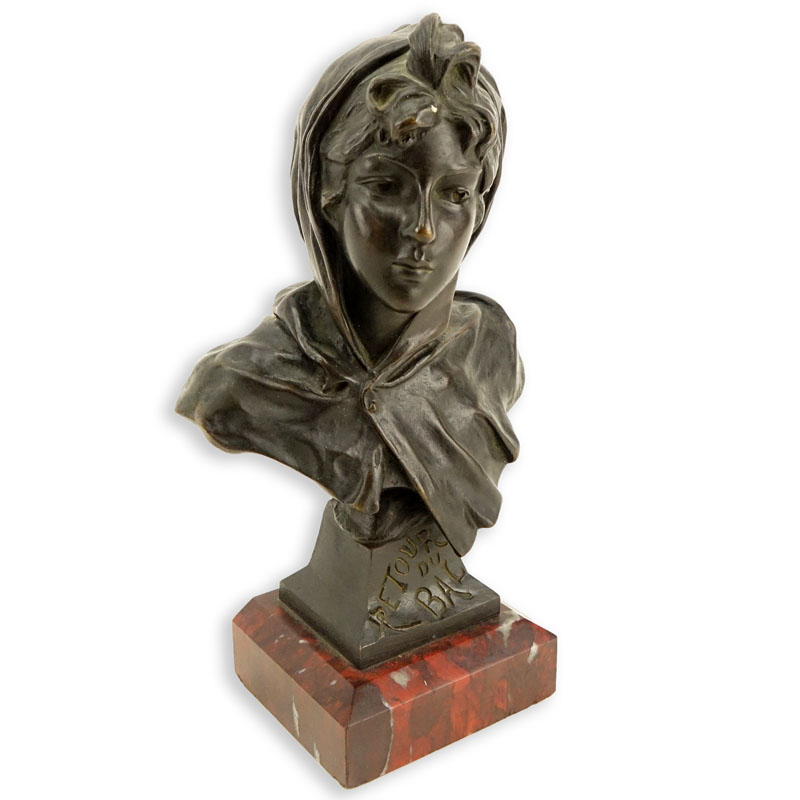 Emmanuel Villanis, French (1858 - 1914) "Retour du Bal" Patinated Miniature Bronze Sculpture on Marble Base, Signed "Tiffany & Co.", Artist Signed, and Titled Lower.