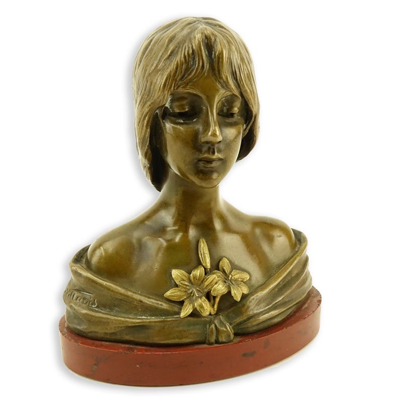 Emmanuel Villanis, French (1858 - 1914) Bronze Sculpture on Marble Base, Female Bust with Edelweiss. 